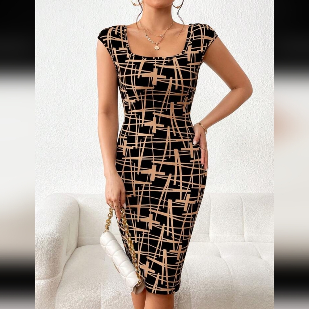 SHEIN Black Prive Allover Print Square Neck Bodycon Midi Dress Size XL - Picture 3 of 11